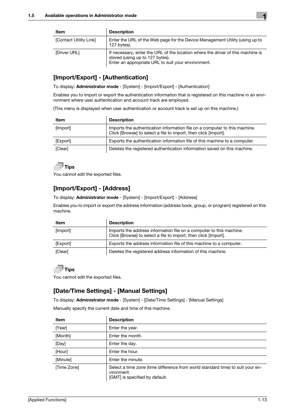 Import/export] - [authentication, Import/export] - [address, Date/time settings] - [manual settings | Konica Minolta bizhub C3350 User Manual | Page 19 / 153