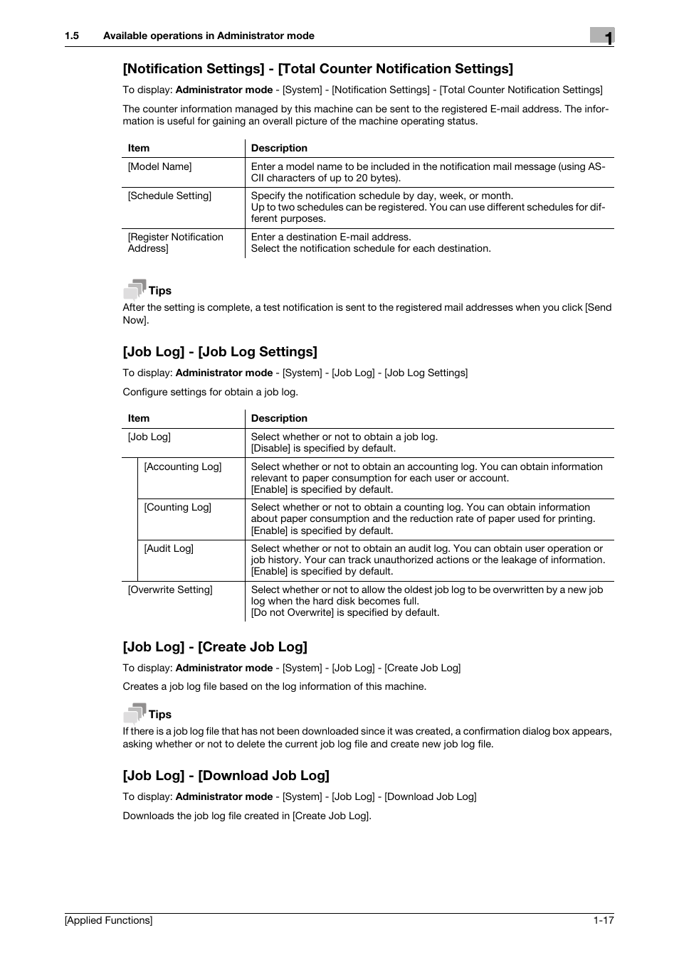 Job log] - [job log settings, Job log] - [create job log, Job log] - [download job log | Konica Minolta bizhub C3350 User Manual | Page 23 / 153