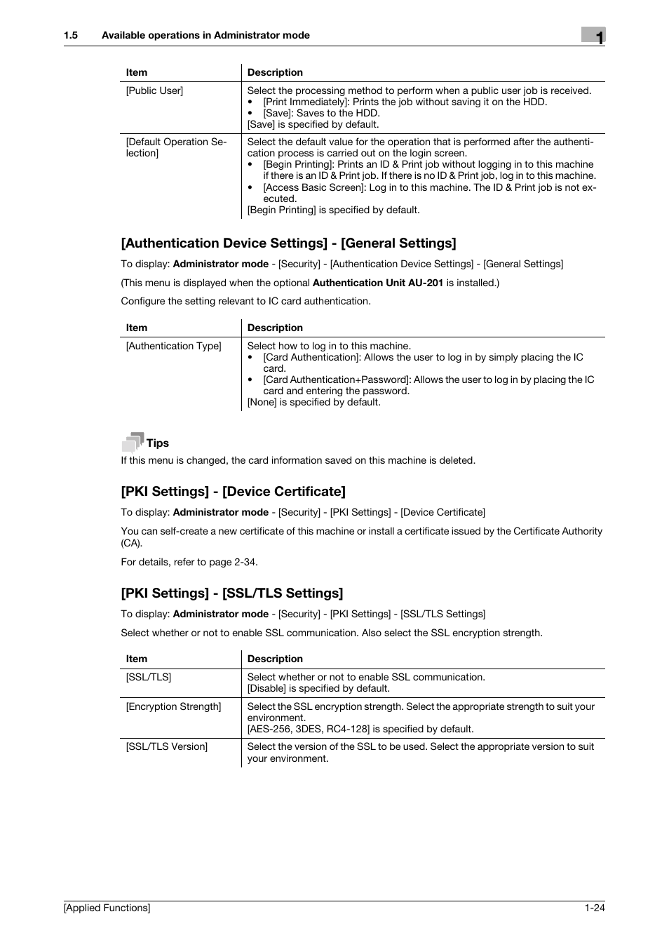 Pki settings] - [device certificate, Pki settings] - [ssl/tls settings | Konica Minolta bizhub C3350 User Manual | Page 30 / 153