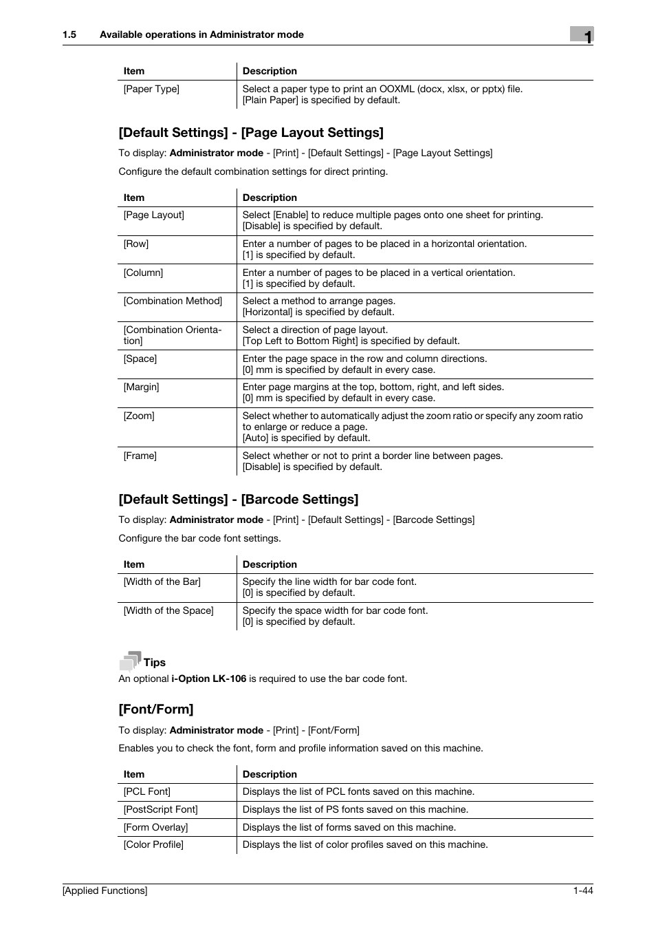 Default settings] - [barcode settings, Font/form, Default settings] - [page layout settings | Konica Minolta bizhub C3350 User Manual | Page 50 / 153