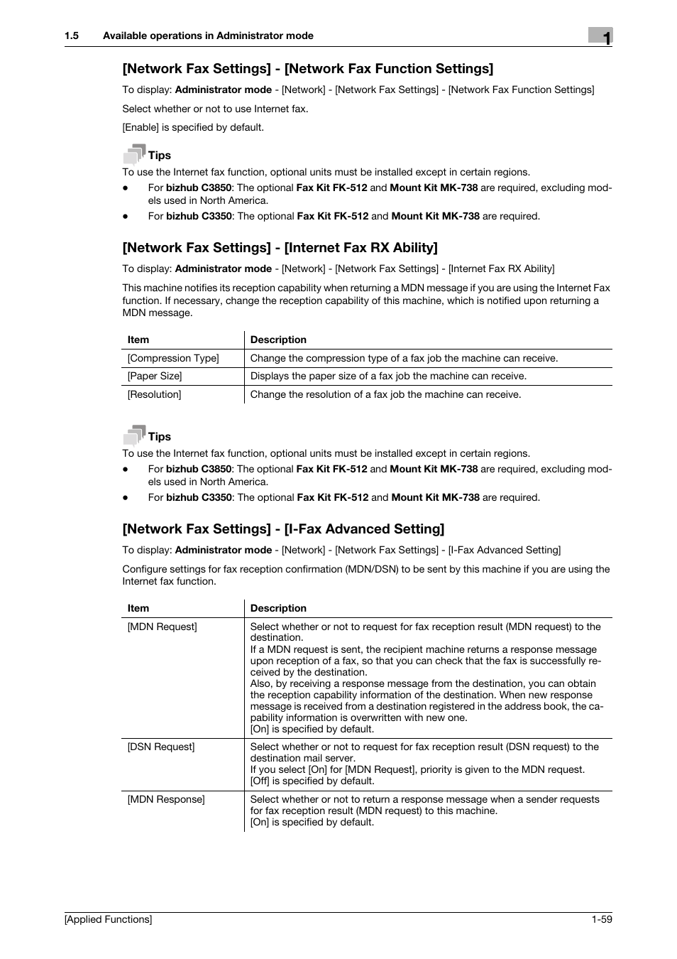 Network fax settings] - [internet fax rx ability, Network fax settings] - [i-fax advanced setting | Konica Minolta bizhub C3350 User Manual | Page 65 / 153