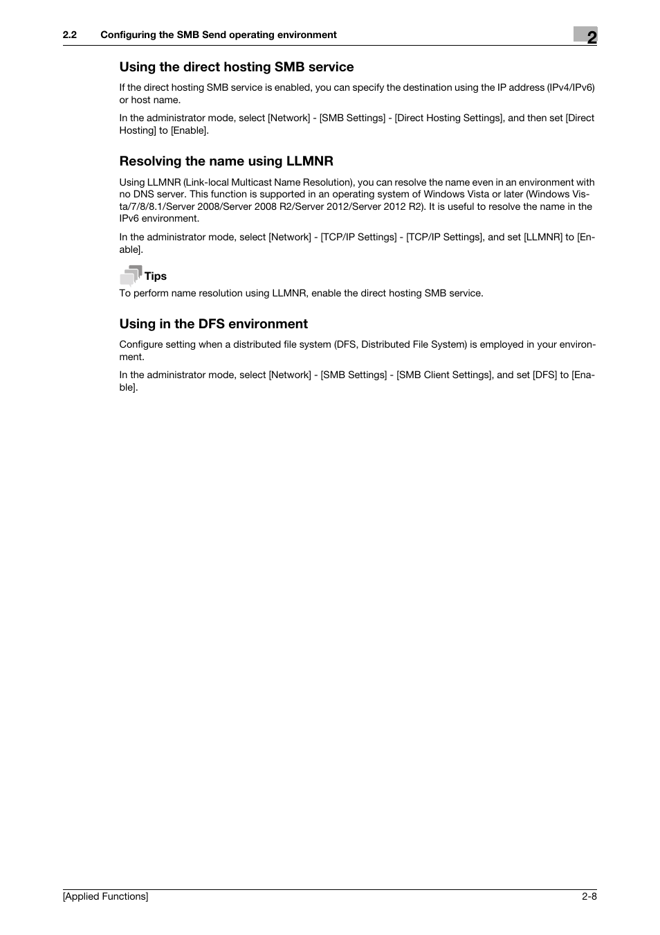 Using the direct hosting smb service, Resolving the name using llmnr, Using in the dfs environment | Konica Minolta bizhub C3350 User Manual | Page 76 / 153