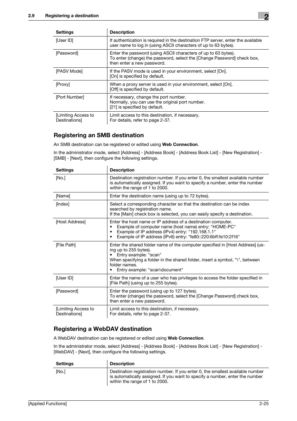 Registering an smb destination, Registering a webdav destination | Konica Minolta bizhub C3350 User Manual | Page 93 / 153