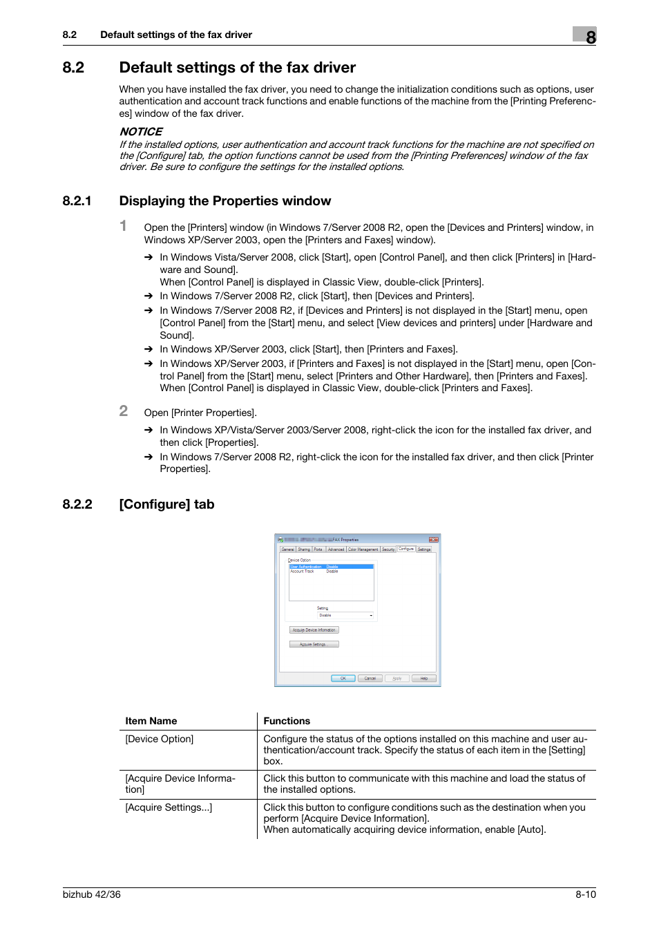 2 default settings of the fax driver, 1 displaying the properties window, 2 [configure] tab | Default settings of the fax driver -10, Displaying the properties window -10, Configure] tab -10 | Konica Minolta bizhub 36 User Manual | Page 105 / 195