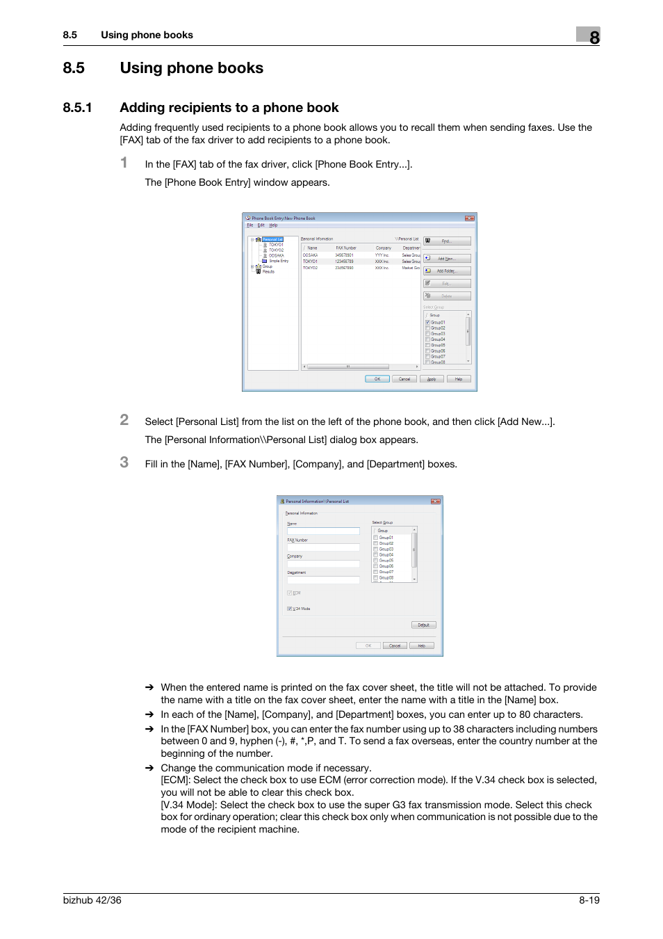 5 using phone books, 1 adding recipients to a phone book, Using phone books -19 | Adding recipients to a phone book -19 | Konica Minolta bizhub 36 User Manual | Page 114 / 195