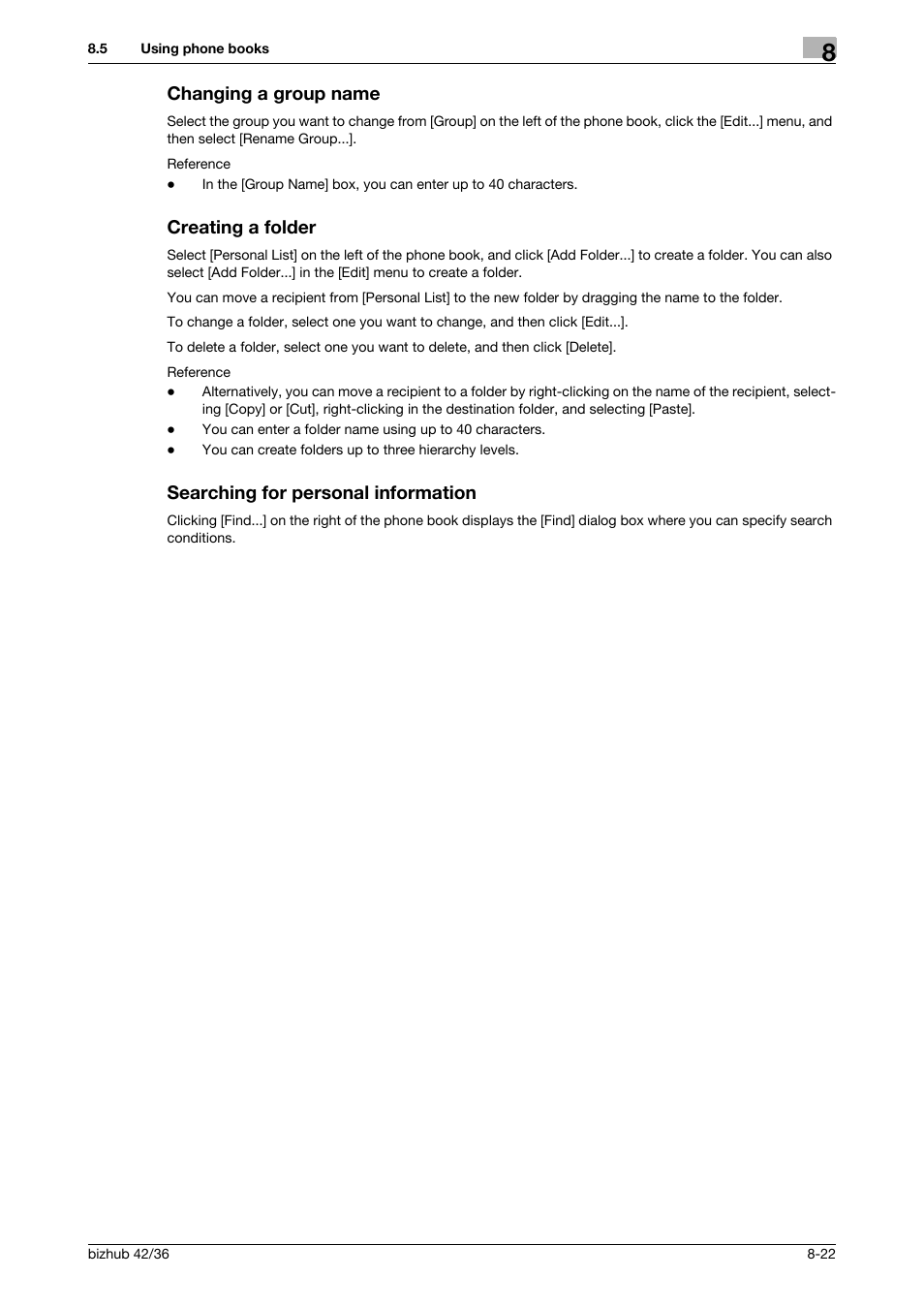 Changing a group name, Creating a folder, Searching for personal information | Konica Minolta bizhub 36 User Manual | Page 117 / 195