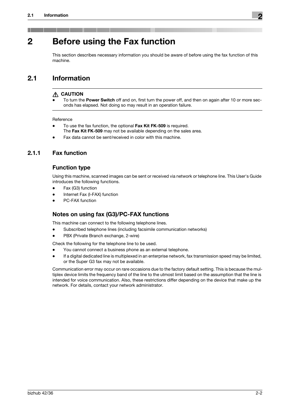 2 before using the fax function, 1 information, 1 fax function | Function type, Notes on using fax (g3)/pc-fax functions, Before using the fax function, Information -2, 2before using the fax function | Konica Minolta bizhub 36 User Manual | Page 13 / 195
