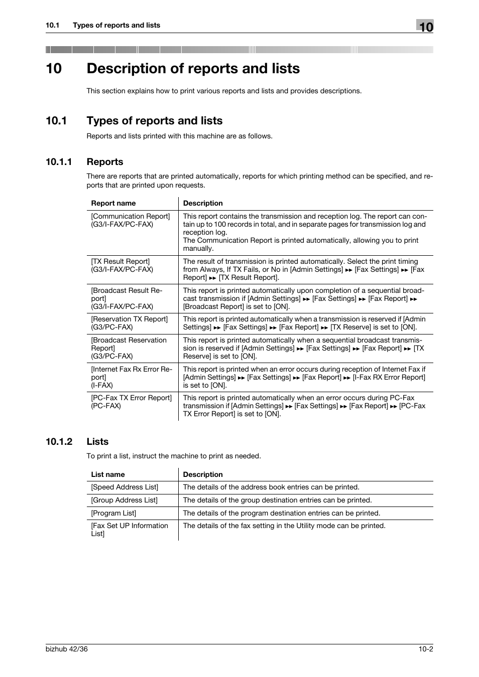 10 description of reports and lists, 1 types of reports and lists, 1 reports | 2 lists, Description of reports and lists, Types of reports and lists -2, Reports -2, Lists -2 | Konica Minolta bizhub 36 User Manual | Page 130 / 195