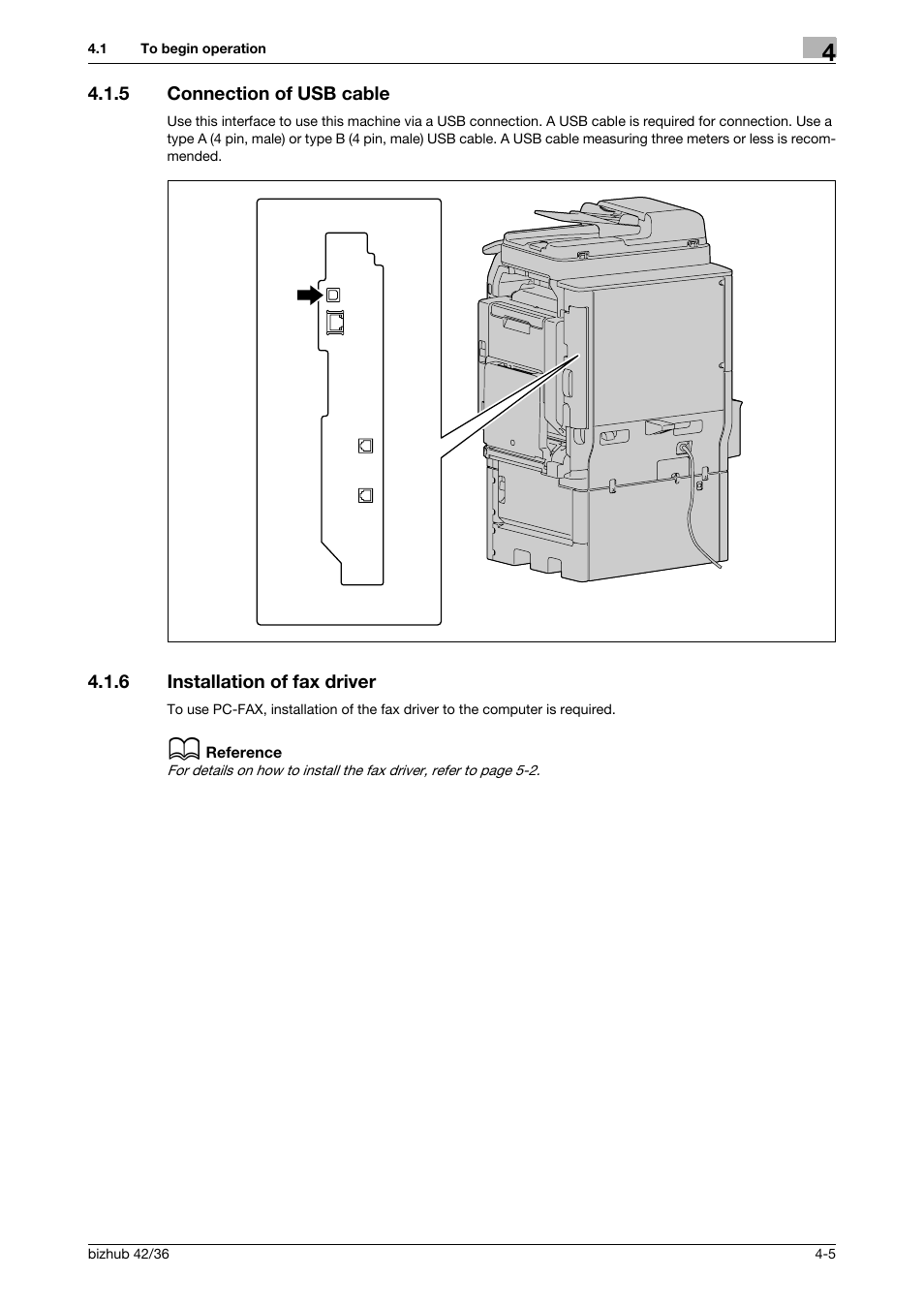5 connection of usb cable, 6 installation of fax driver, Connection of usb cable -5 | Installation of fax driver -5 | Konica Minolta bizhub 36 User Manual | Page 33 / 195