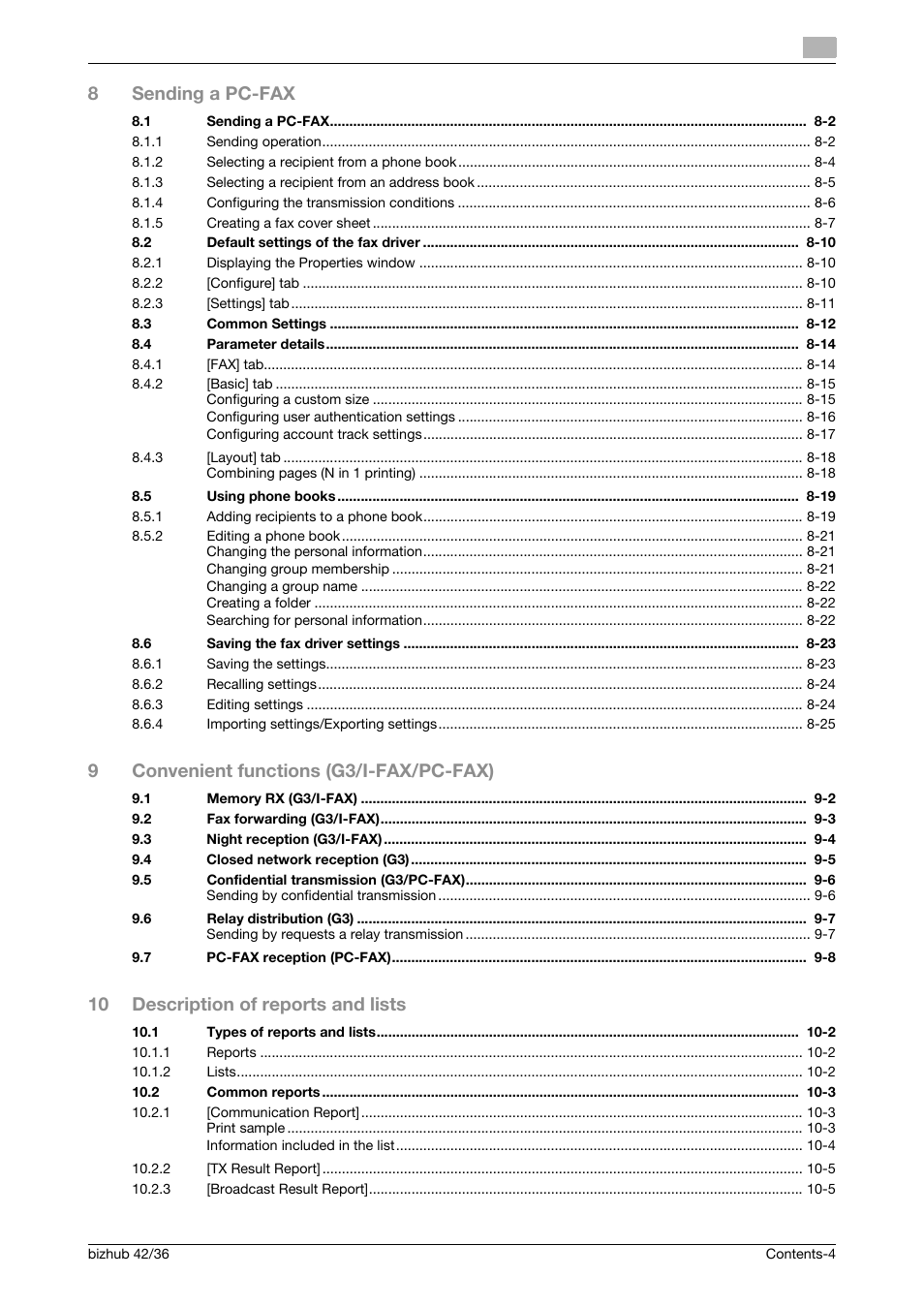 8sending a pc-fax, 9convenient functions (g3/i-fax/pc-fax), 10 description of reports and lists | Konica Minolta bizhub 36 User Manual | Page 5 / 195