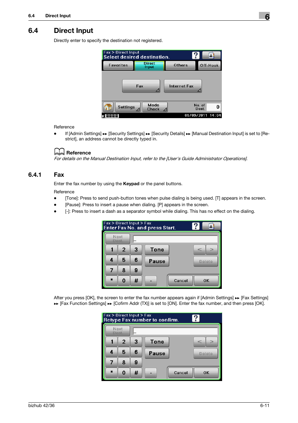 4 direct input, 1 fax, Direct input -11 | Fax -11, P. 6-11), Put (p. 6-11), P. 6-11 | Konica Minolta bizhub 36 User Manual | Page 67 / 195