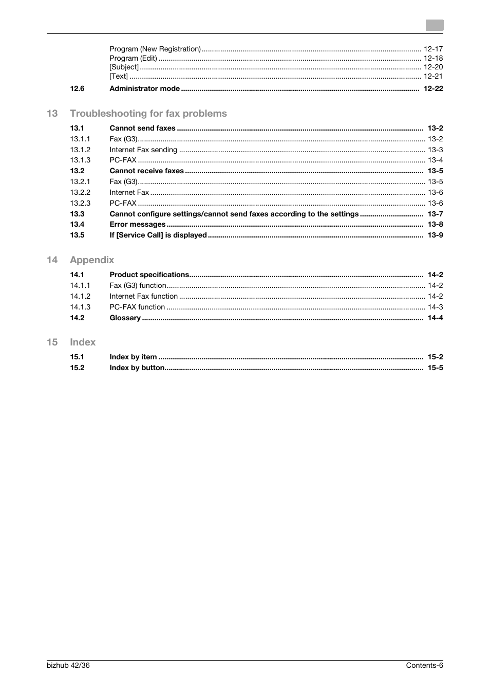 13 troubleshooting for fax problems, 14 appendix, 15 index | Konica Minolta bizhub 36 User Manual | Page 7 / 195