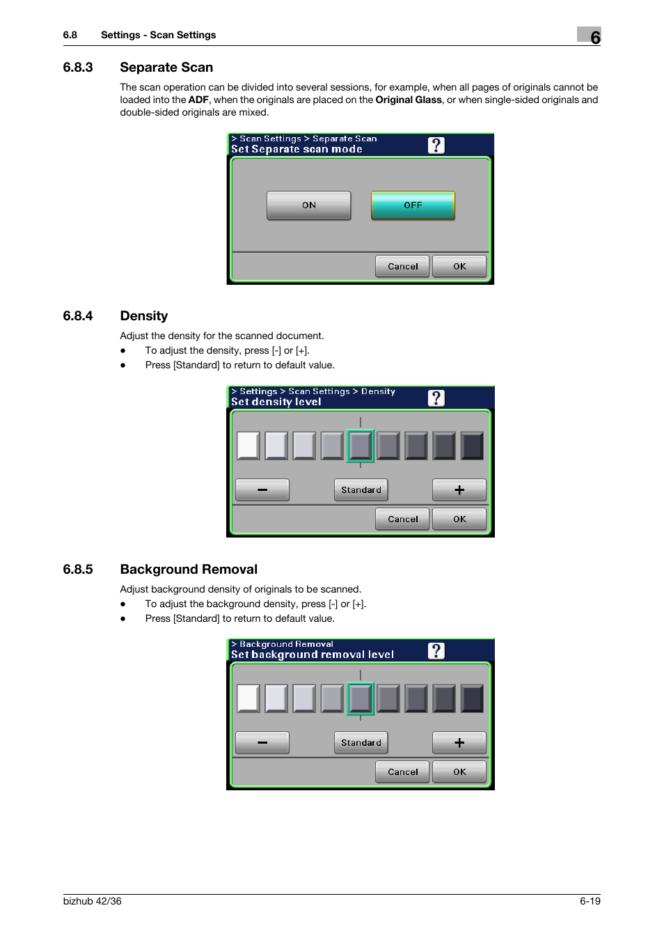 3 separate scan, 4 density, 5 background removal | Separate scan -19, Density -19, Background removal -19 | Konica Minolta bizhub 36 User Manual | Page 75 / 195