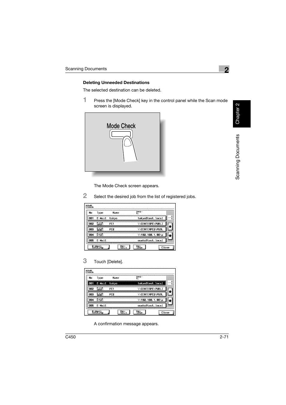 Deleting unneeded destinations, Deleting unneeded destinations -71, Mode check | Konica Minolta BIZHUB C450 User Manual | Page 104 / 396