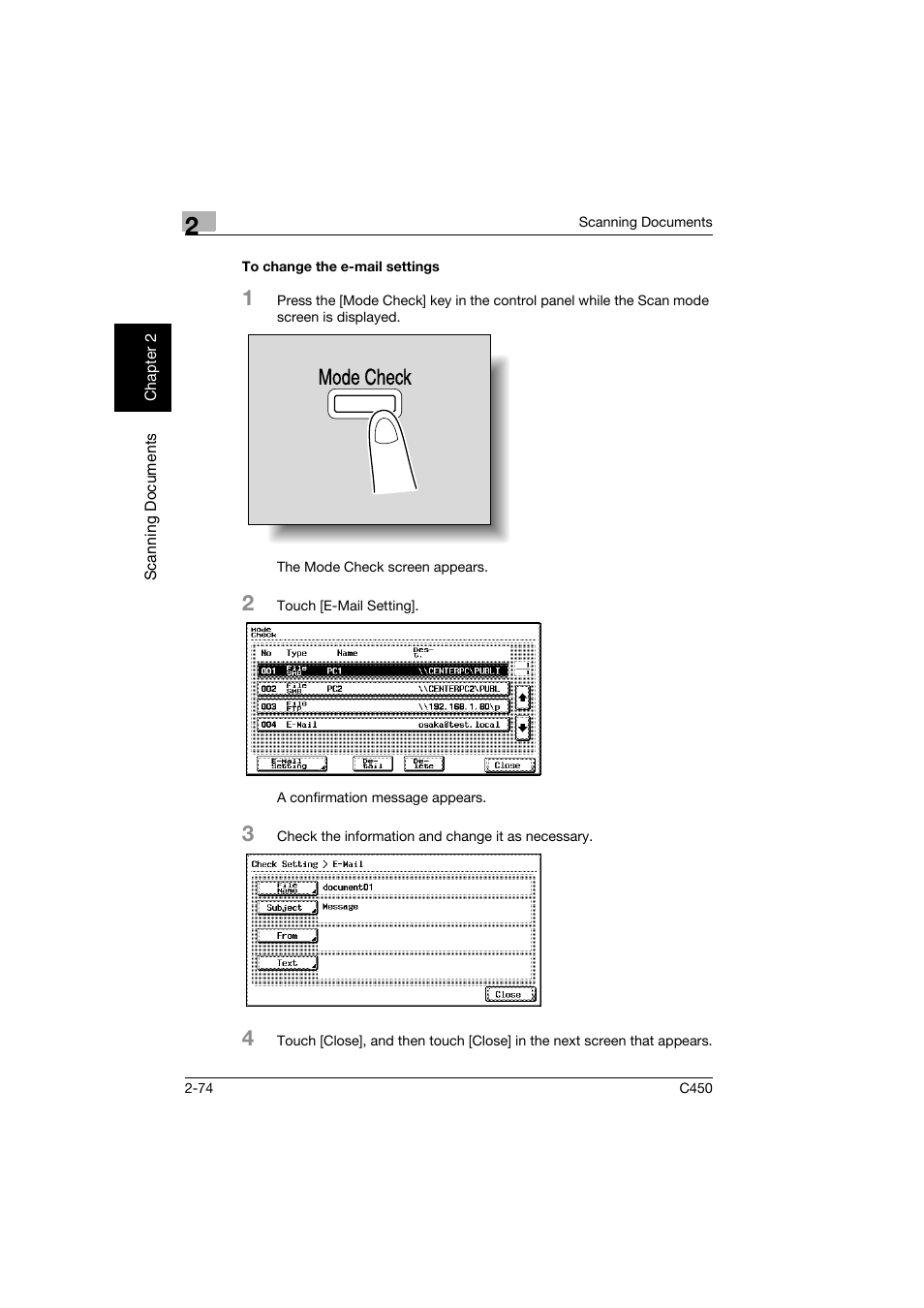 To change the e-mail settings, To change the e-mail settings -74, Mode check | Konica Minolta BIZHUB C450 User Manual | Page 107 / 396