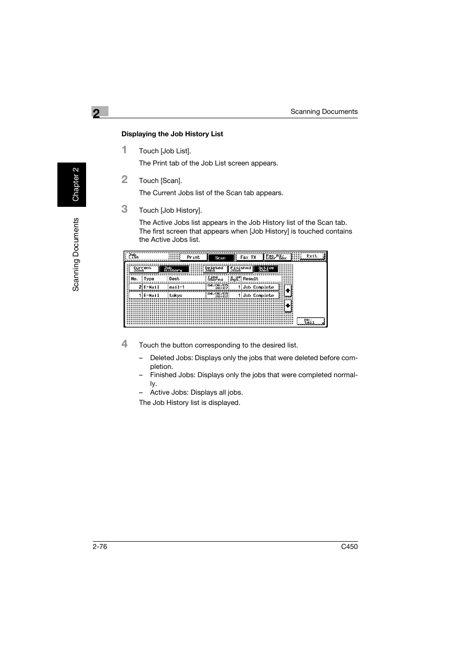 Displaying the job history list, Displaying the job history list -76 | Konica Minolta BIZHUB C450 User Manual | Page 109 / 396