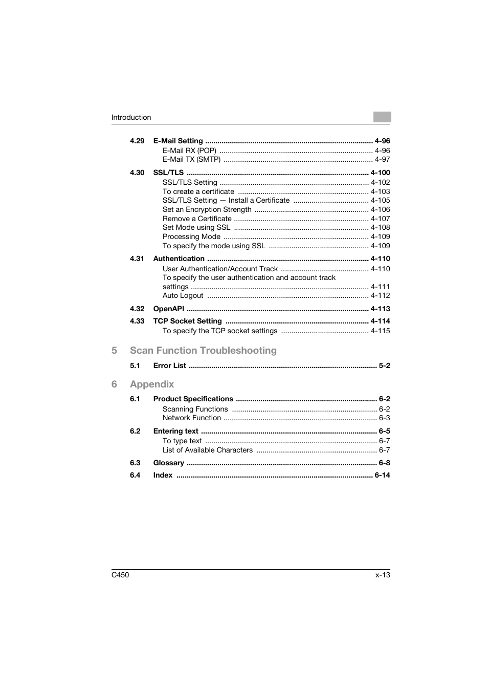 5scan function troubleshooting, 6appendix | Konica Minolta BIZHUB C450 User Manual | Page 14 / 396