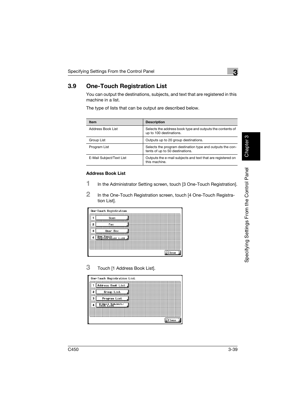 9 one-touch registration list, Address book list, One-touch registration list -39 | Address book list -39 | Konica Minolta BIZHUB C450 User Manual | Page 150 / 396