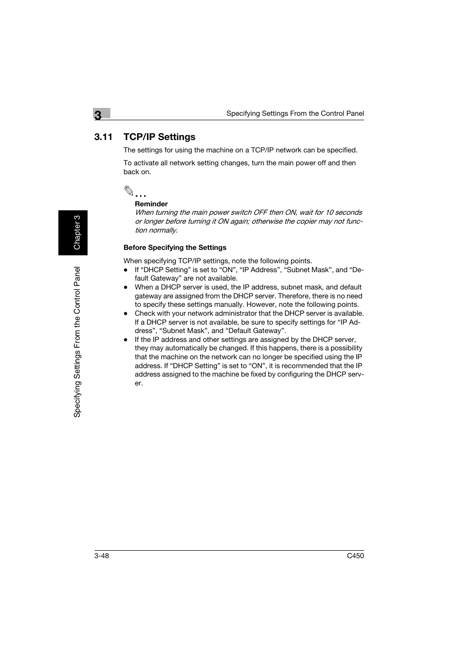 11 tcp/ip settings, Before specifying the settings, Tcp/ip settings -48 | Before specifying the settings -48 | Konica Minolta BIZHUB C450 User Manual | Page 159 / 396