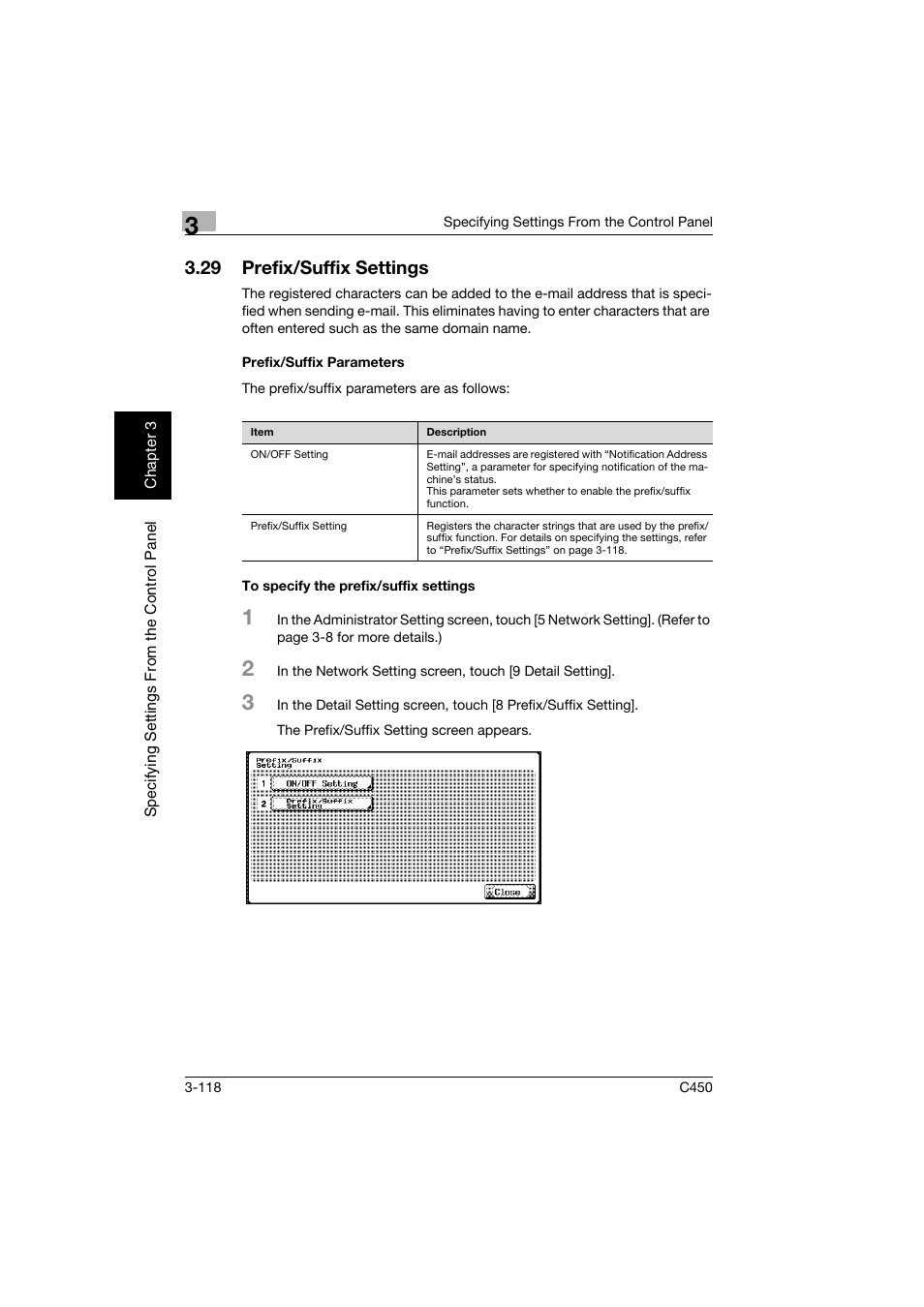 29 prefix/suffix settings, Prefix/suffix parameters, To specify the prefix/suffix settings | Prefix/suffix settings -118 | Konica Minolta BIZHUB C450 User Manual | Page 229 / 396