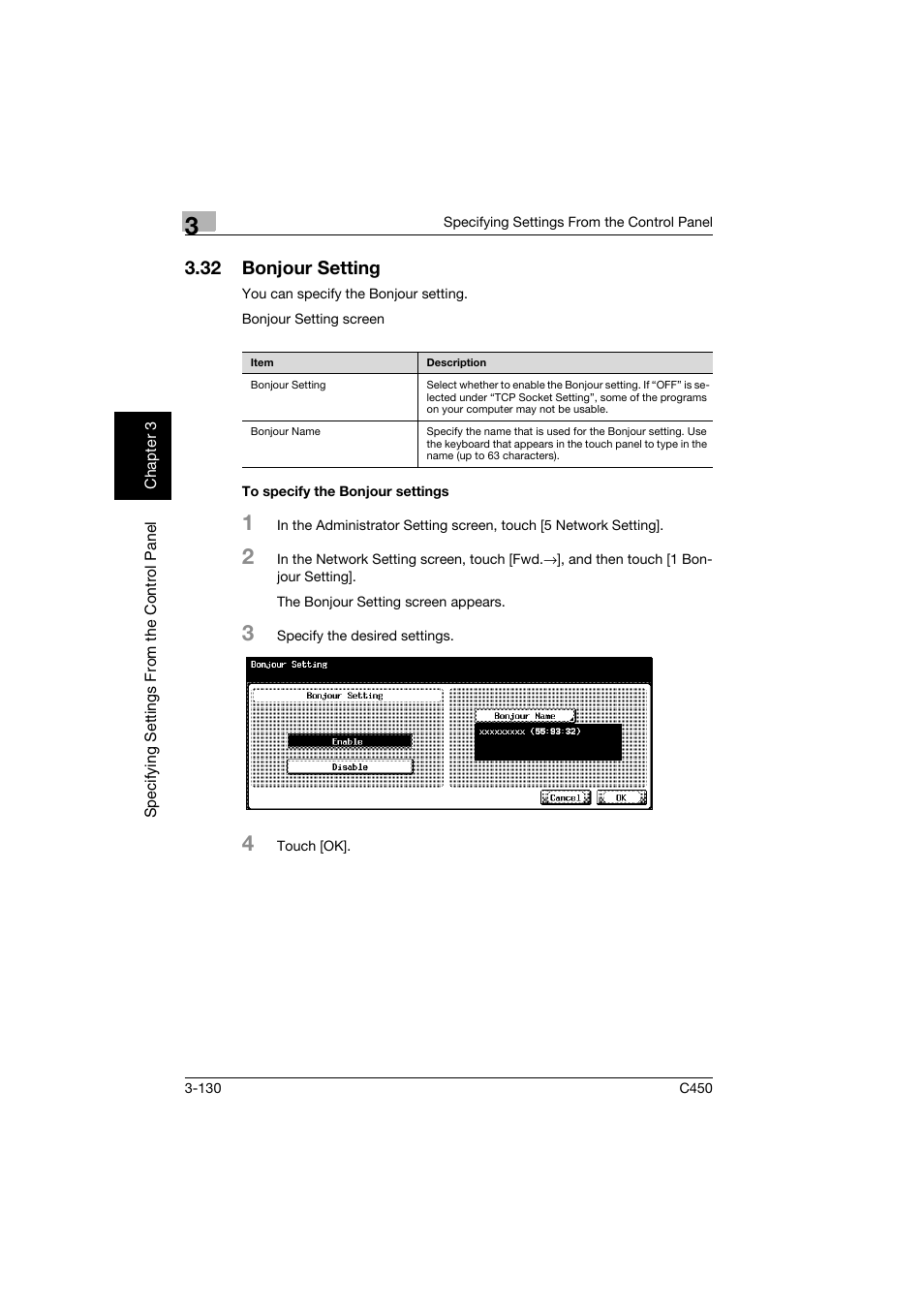 32 bonjour setting, To specify the bonjour settings, Bonjour setting -130 | To specify the bonjour settings -130 | Konica Minolta BIZHUB C450 User Manual | Page 241 / 396