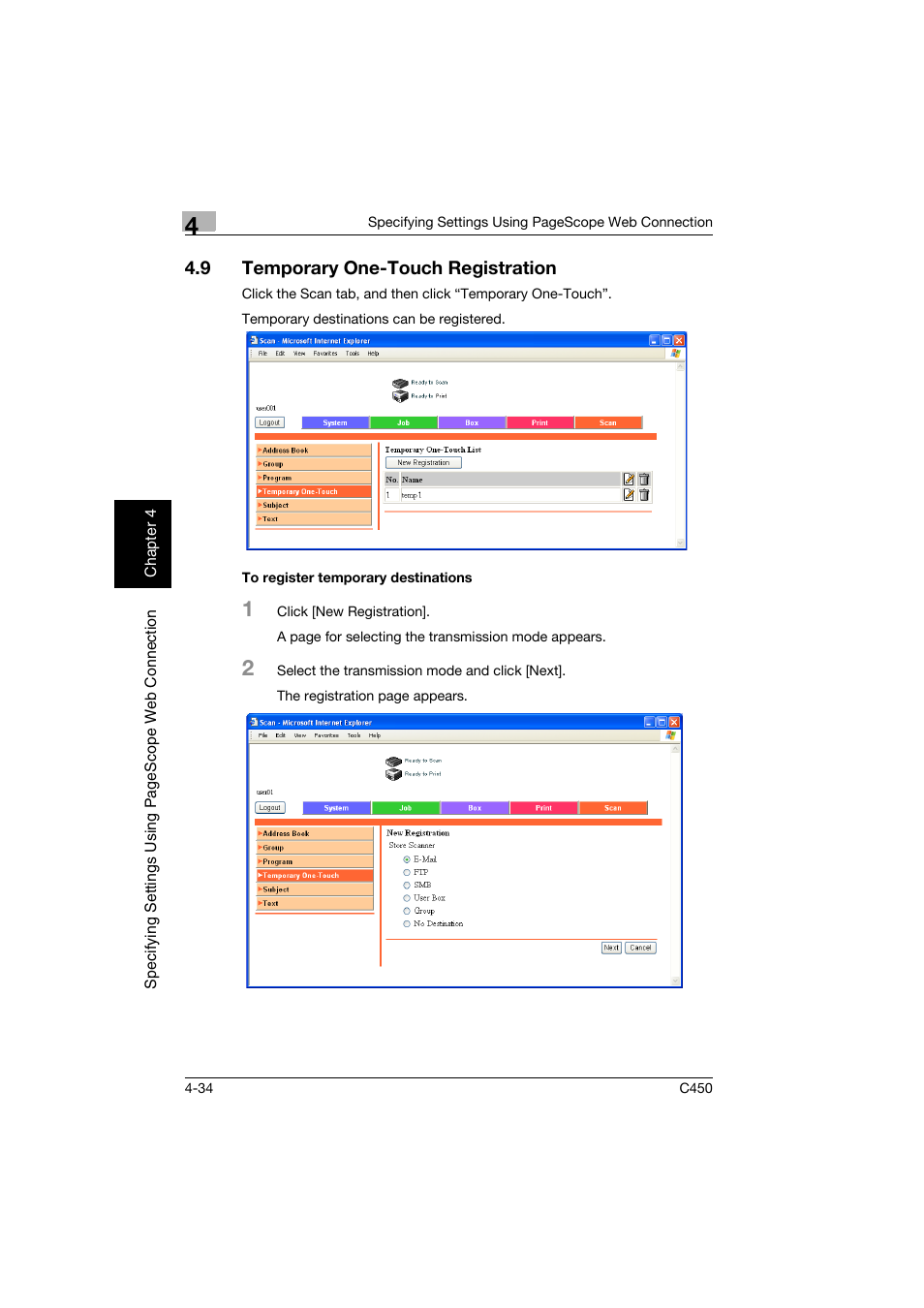 9 temporary one-touch registration, To register temporary destinations, Temporary one-touch registration -34 | To register temporary destinations -34 | Konica Minolta BIZHUB C450 User Manual | Page 293 / 396