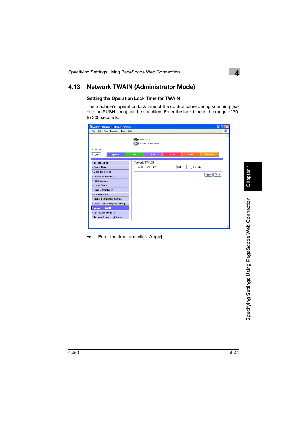 13 network twain (administrator mode), Setting the operation lock time for twain, Network twain (administrator mode) -41 | Setting the operation lock time for twain -41 | Konica Minolta BIZHUB C450 User Manual | Page 300 / 396