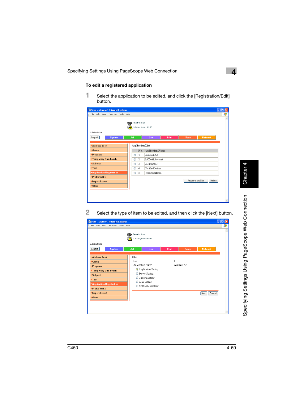 To edit a registered application, To edit a registered application -69 | Konica Minolta BIZHUB C450 User Manual | Page 328 / 396
