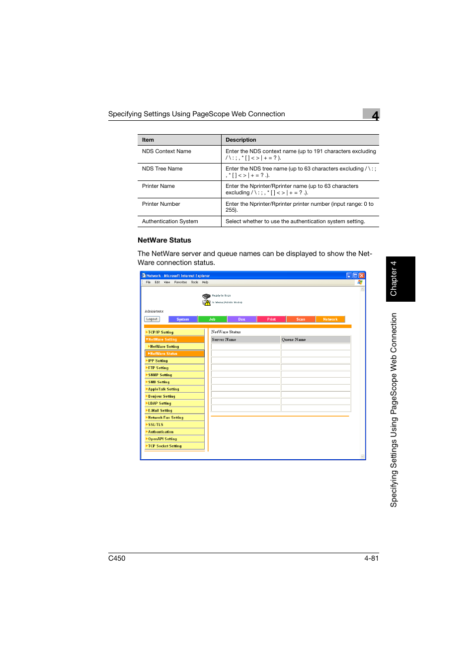 Netware status, Netware status -81 | Konica Minolta BIZHUB C450 User Manual | Page 340 / 396