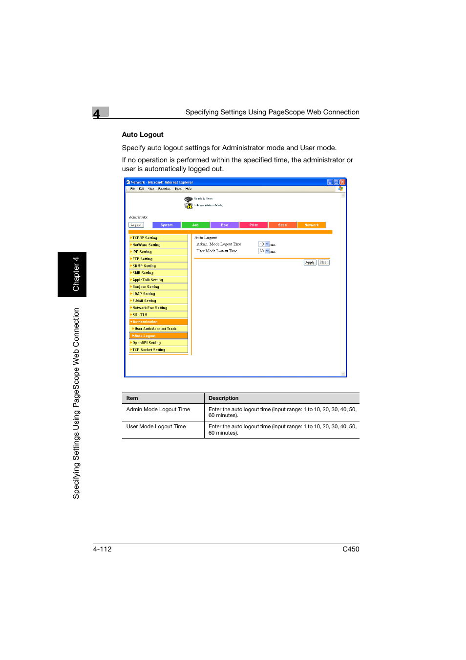 Auto logout, Auto logout -112 | Konica Minolta BIZHUB C450 User Manual | Page 371 / 396