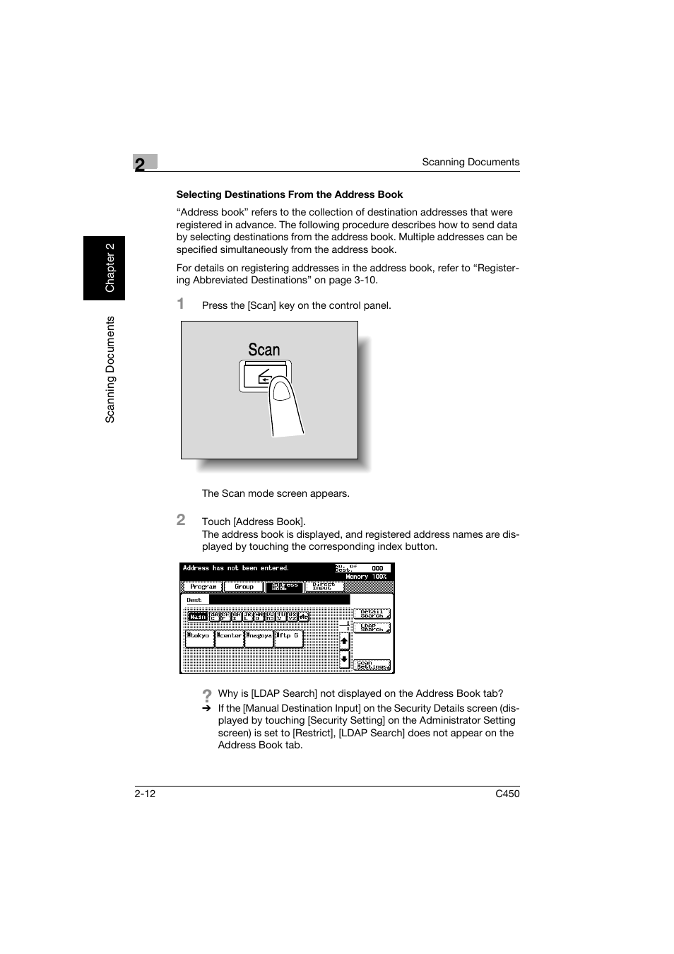 Selecting destinations from the address book, Selecting destinations from the address book -12, Scan | Konica Minolta BIZHUB C450 User Manual | Page 45 / 396