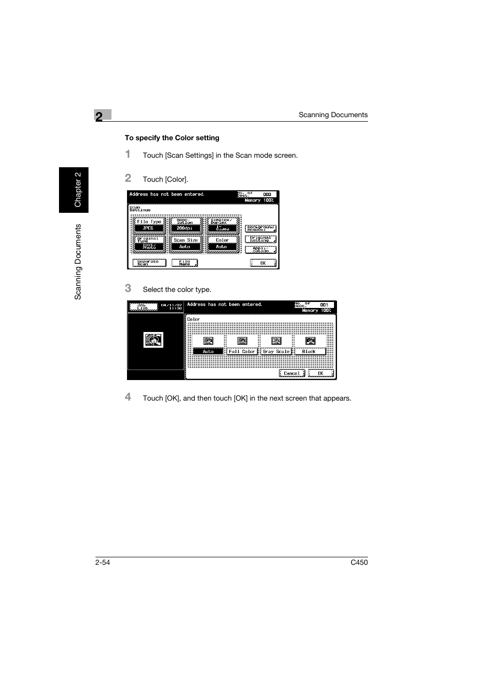 To specify the color setting, To specify the color setting -54 | Konica Minolta BIZHUB C450 User Manual | Page 87 / 396