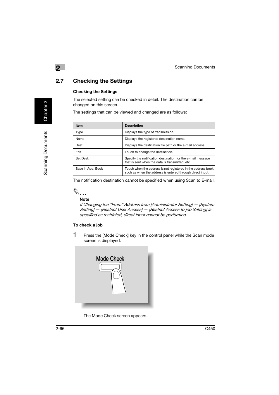 7 checking the settings, Checking the settings, To check a job | Checking the settings -66, Checking the settings -66 to check a job -66, Mode check | Konica Minolta BIZHUB C450 User Manual | Page 99 / 396