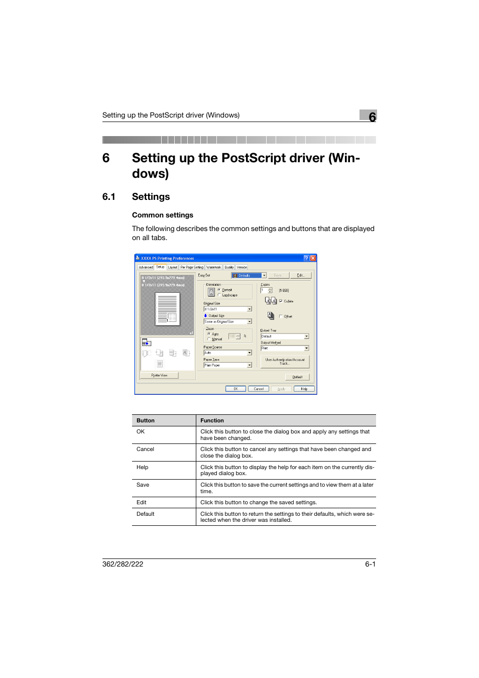 6 setting up the postscript driver (windows), 1 settings, Common settings | Setting up the postscript driver (windows), Settings -1, Common settings -1, 6setting up the postscript driver (win- dows) | Konica Minolta bizhub 362 User Manual | Page 157 / 372