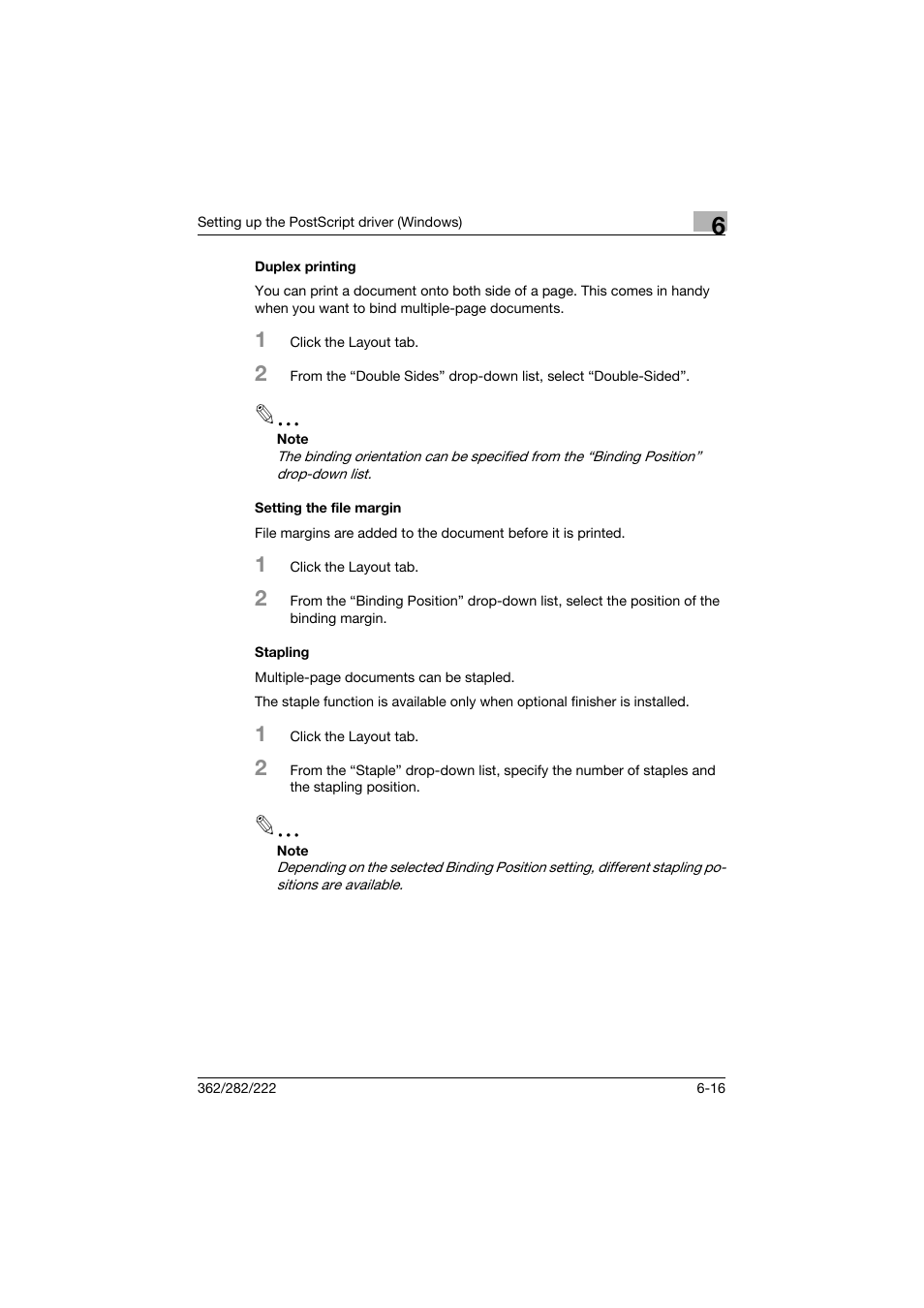 Duplex printing, Setting the file margin, Stapling | Konica Minolta bizhub 362 User Manual | Page 172 / 372