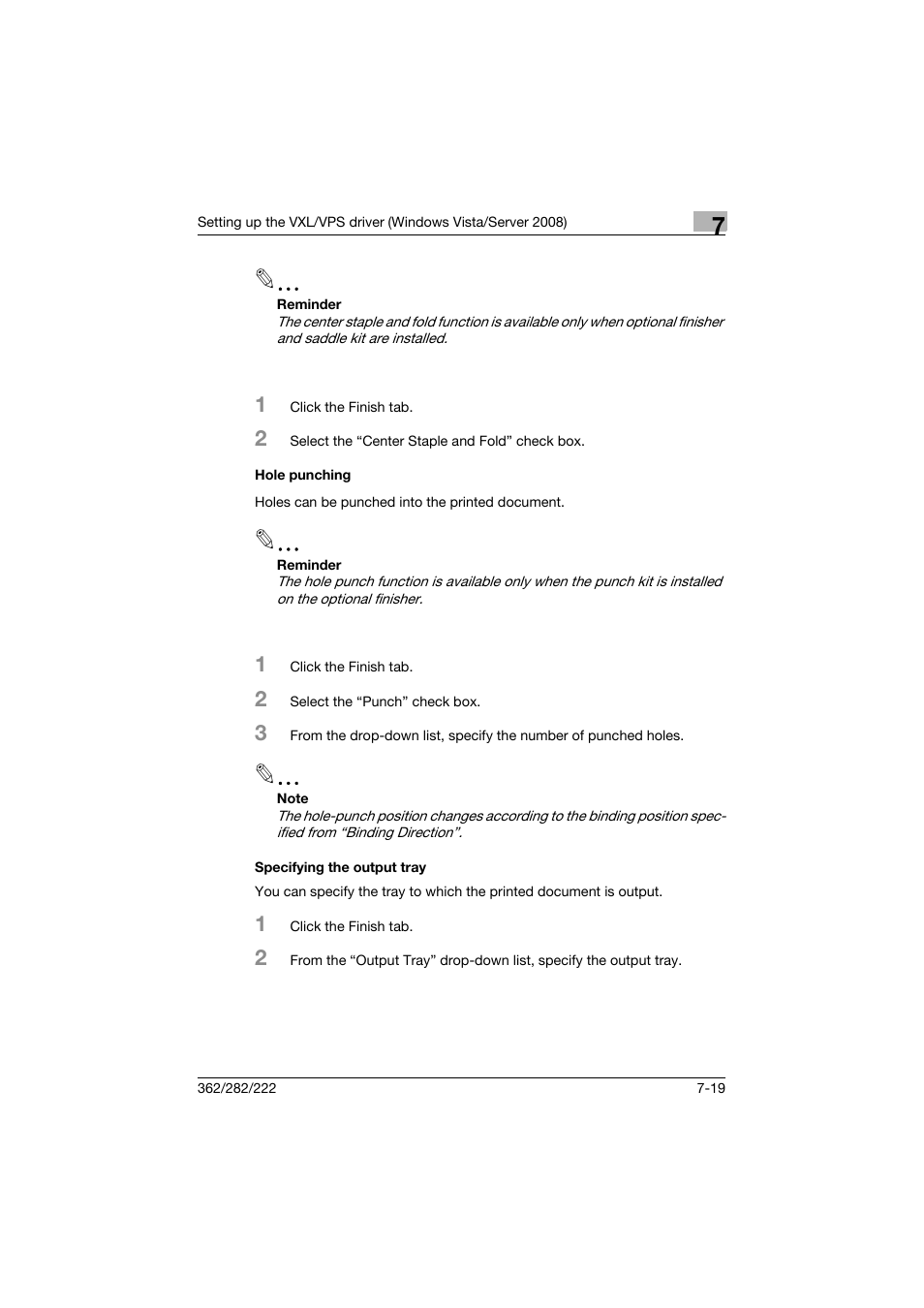 Hole punching, Specifying the output tray, Hole punching -19 specifying the output tray -19 | Konica Minolta bizhub 362 User Manual | Page 201 / 372