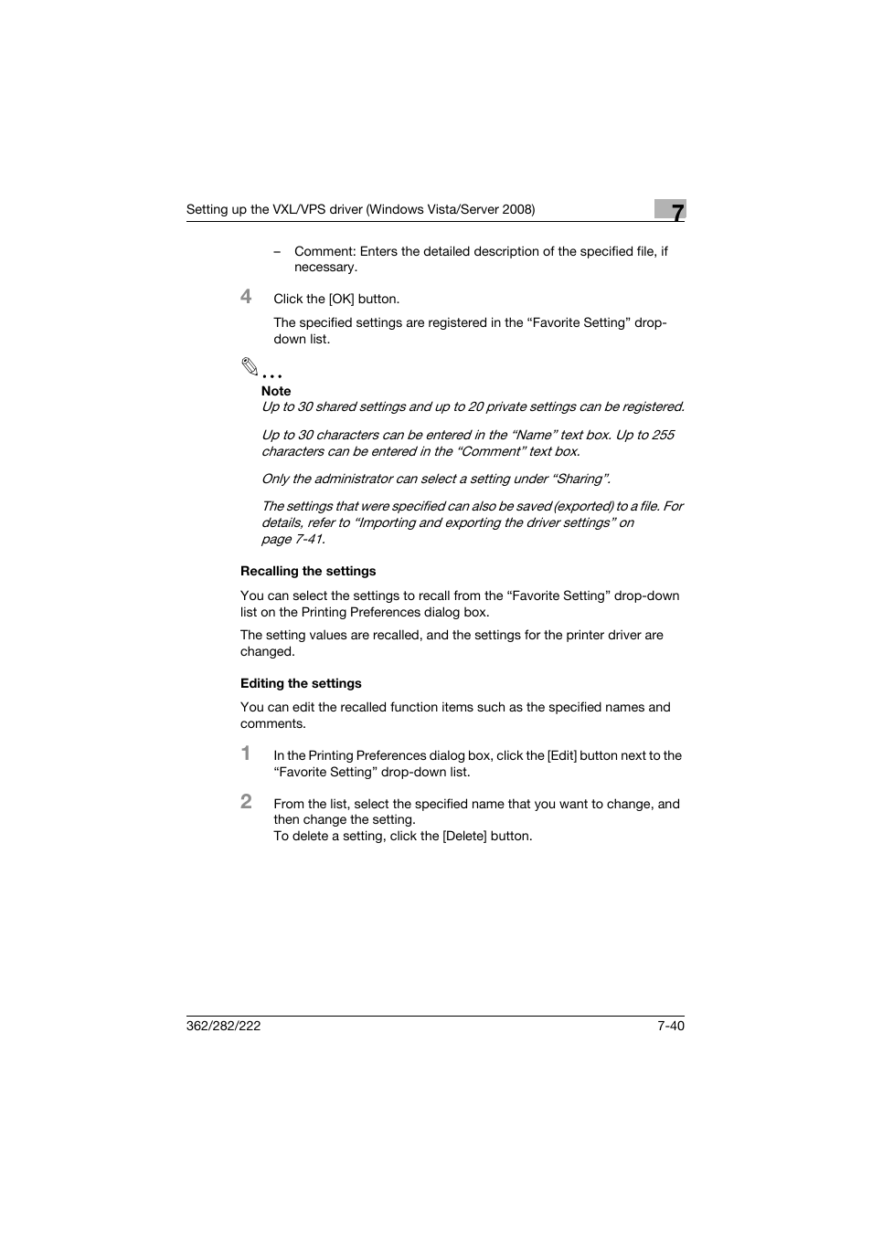 Recalling the settings, Editing the settings | Konica Minolta bizhub 362 User Manual | Page 222 / 372