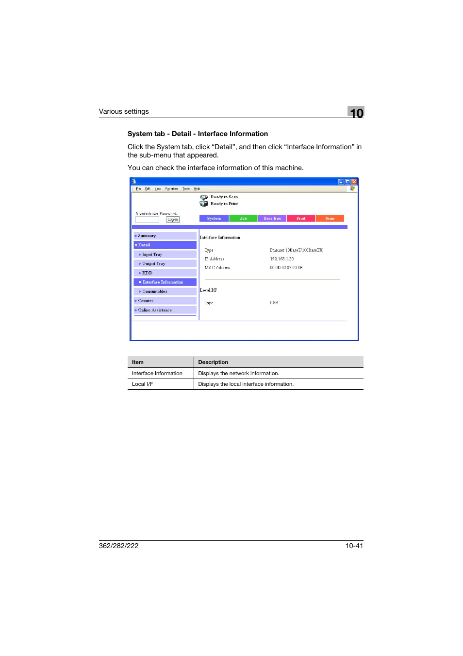 System tab - detail - interface information, System tab - detail - interface information -41 | Konica Minolta bizhub 362 User Manual | Page 298 / 372