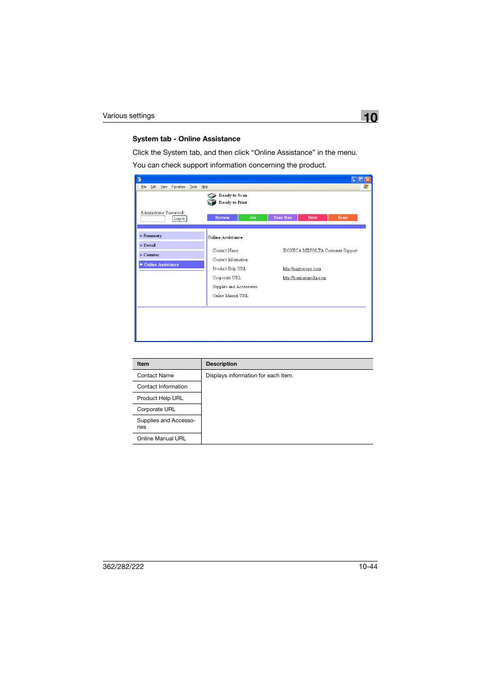 System tab - online assistance, System tab - online assistance -44 | Konica Minolta bizhub 362 User Manual | Page 301 / 372