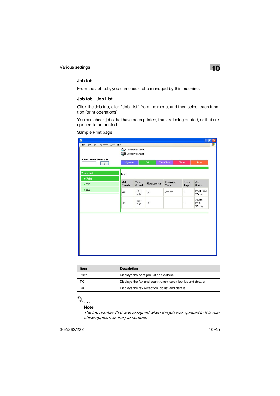Job tab, Job tab - job list, Job tab -45 job tab - job list -45 | Konica Minolta bizhub 362 User Manual | Page 302 / 372