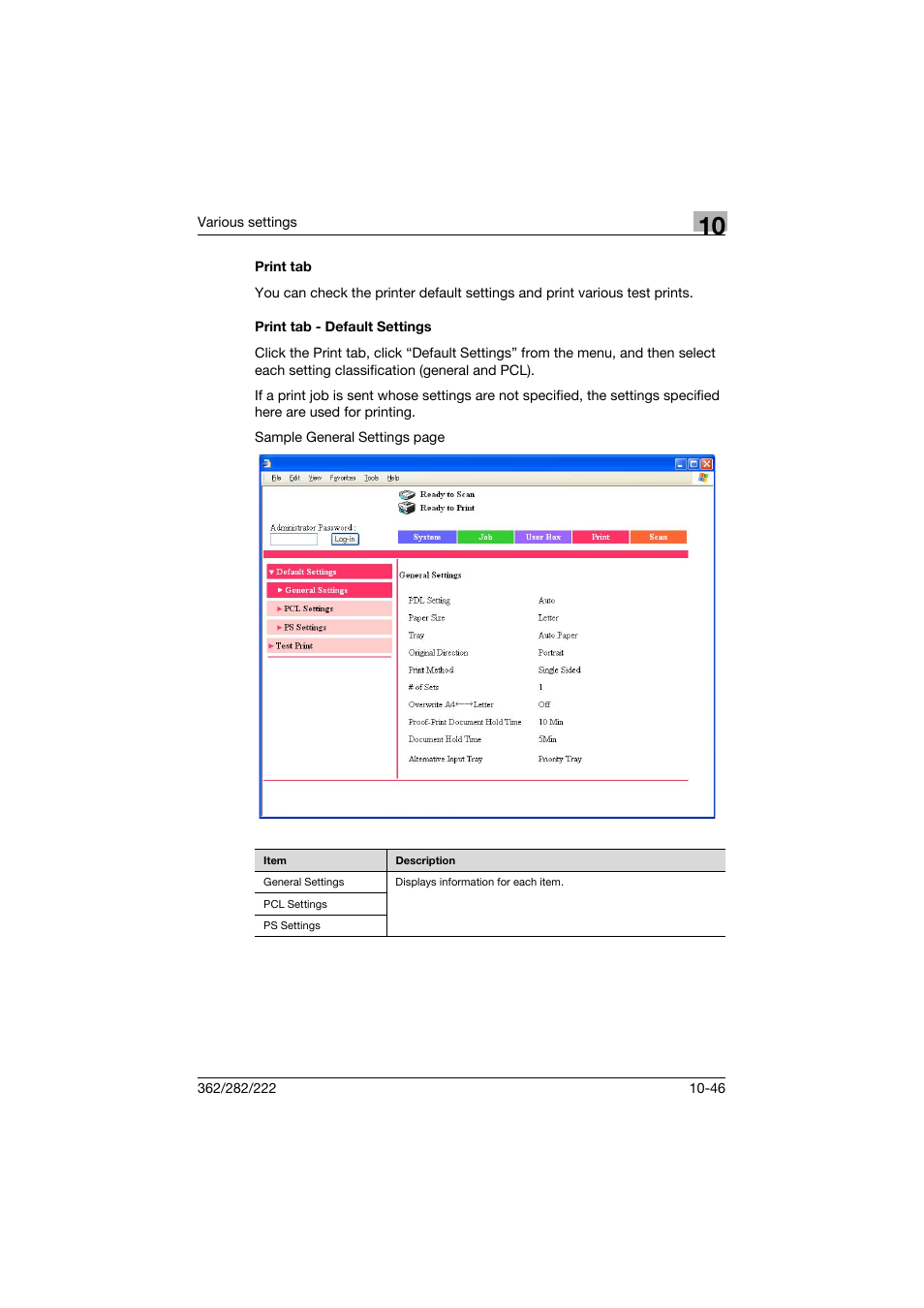 Print tab, Print tab - default settings, Print tab -46 print tab - default settings -46 | Konica Minolta bizhub 362 User Manual | Page 303 / 372