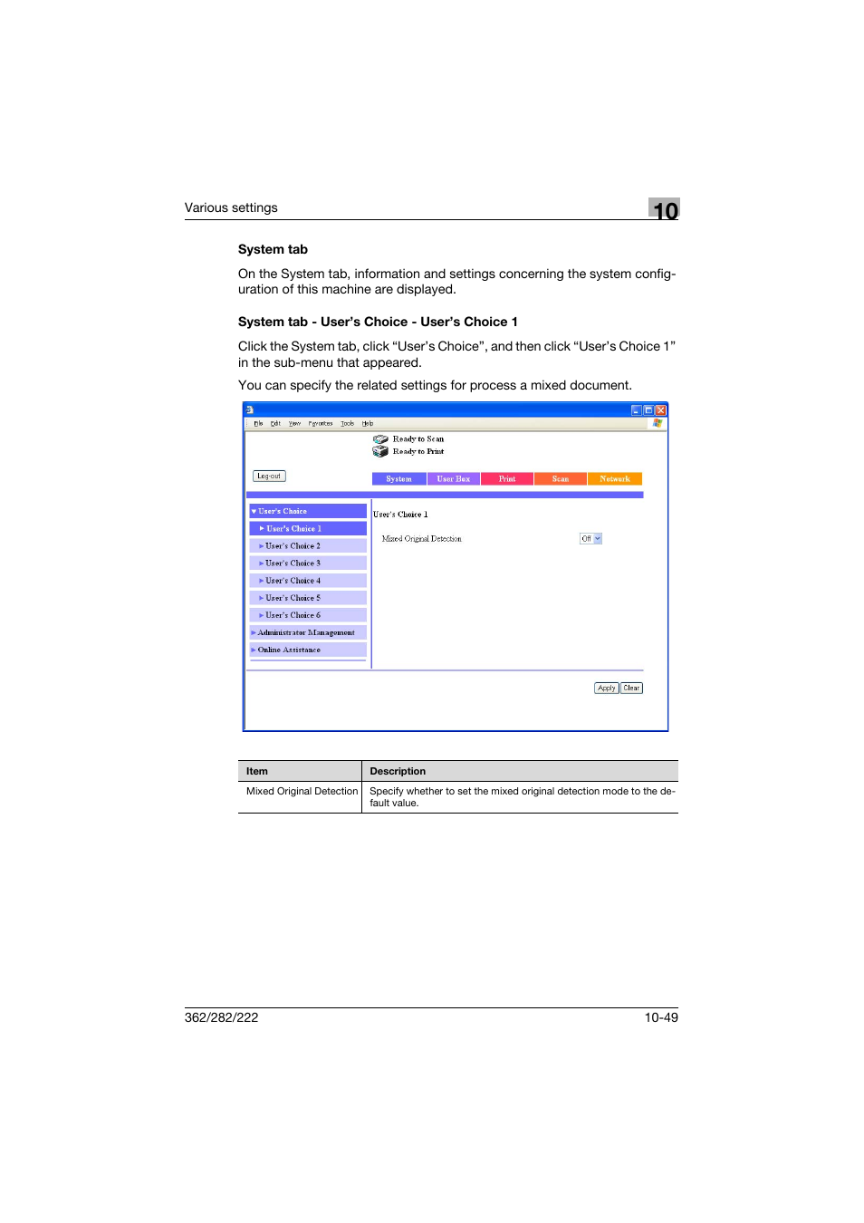 System tab, System tab - user’s choice - user’s choice 1 | Konica Minolta bizhub 362 User Manual | Page 306 / 372