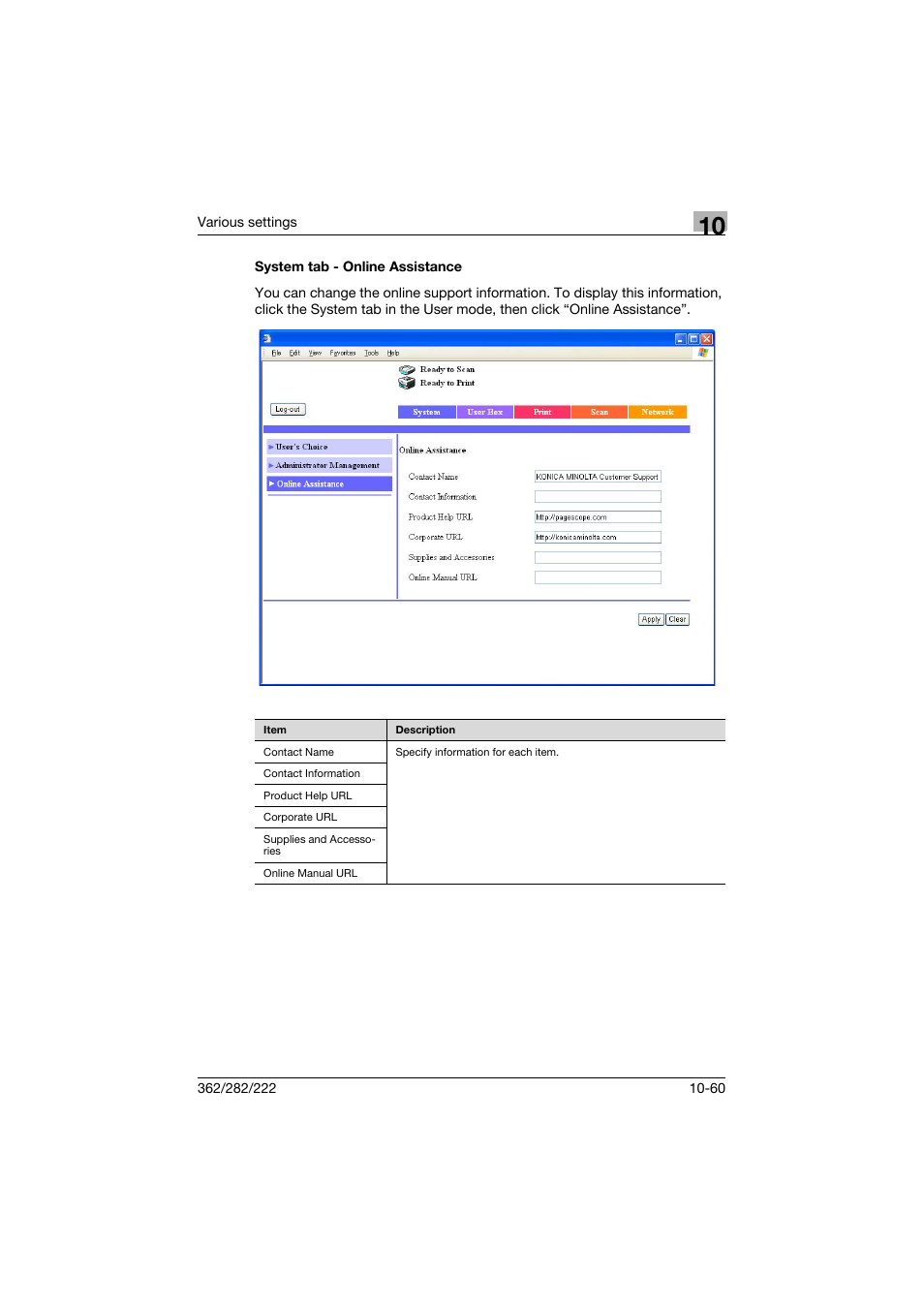 System tab - online assistance, System tab - online assistance -60 | Konica Minolta bizhub 362 User Manual | Page 317 / 372