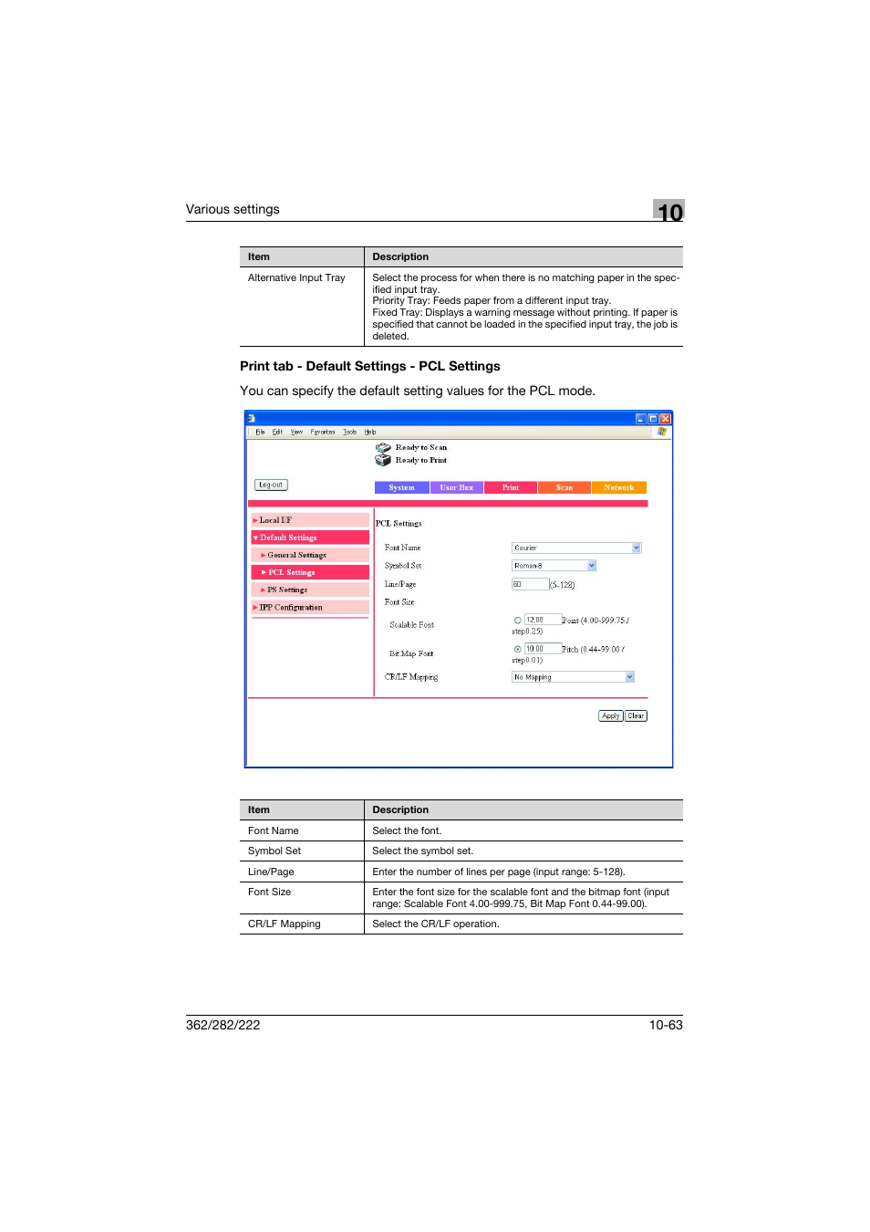Print tab - default settings - pcl settings, Print tab - default settings - pcl settings -63 | Konica Minolta bizhub 362 User Manual | Page 320 / 372