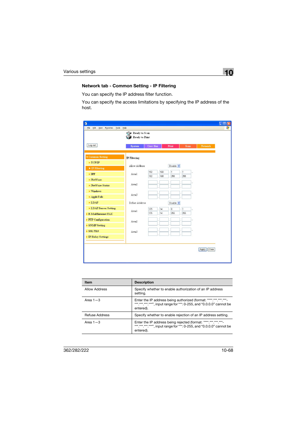 Network tab - common setting - ip filtering, Network tab - common setting - ip filtering -68 | Konica Minolta bizhub 362 User Manual | Page 325 / 372