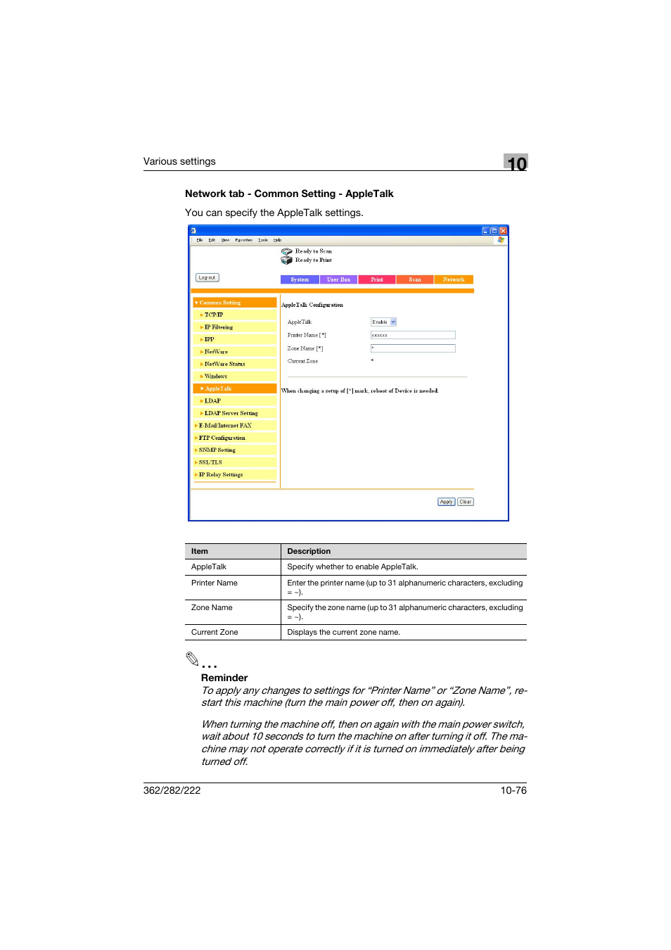 Network tab - common setting - appletalk, Network tab - common setting - appletalk -76 | Konica Minolta bizhub 362 User Manual | Page 333 / 372