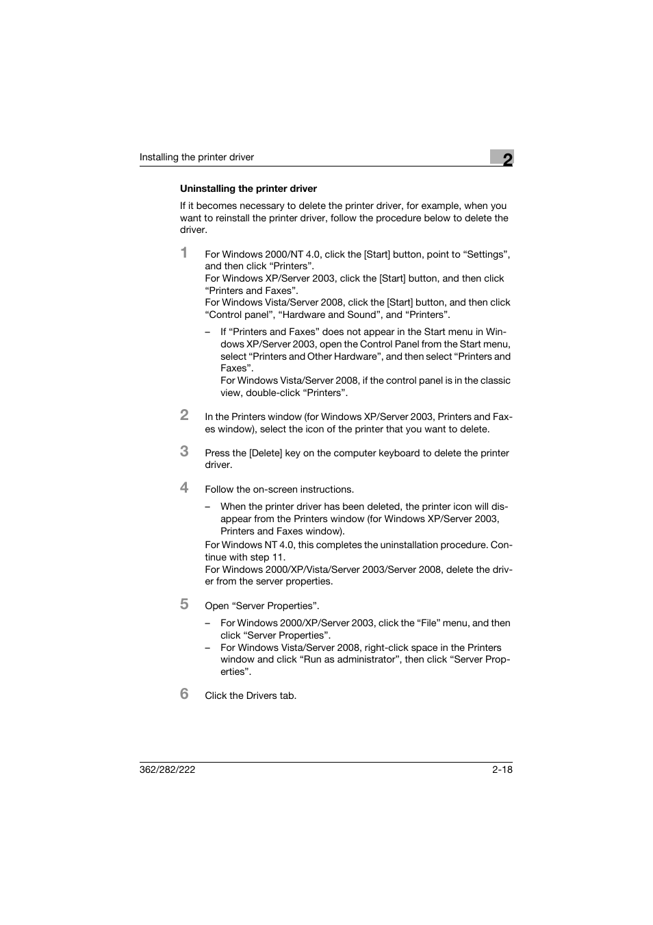 Uninstalling the printer driver, Uninstalling the printer driver -18 | Konica Minolta bizhub 362 User Manual | Page 48 / 372