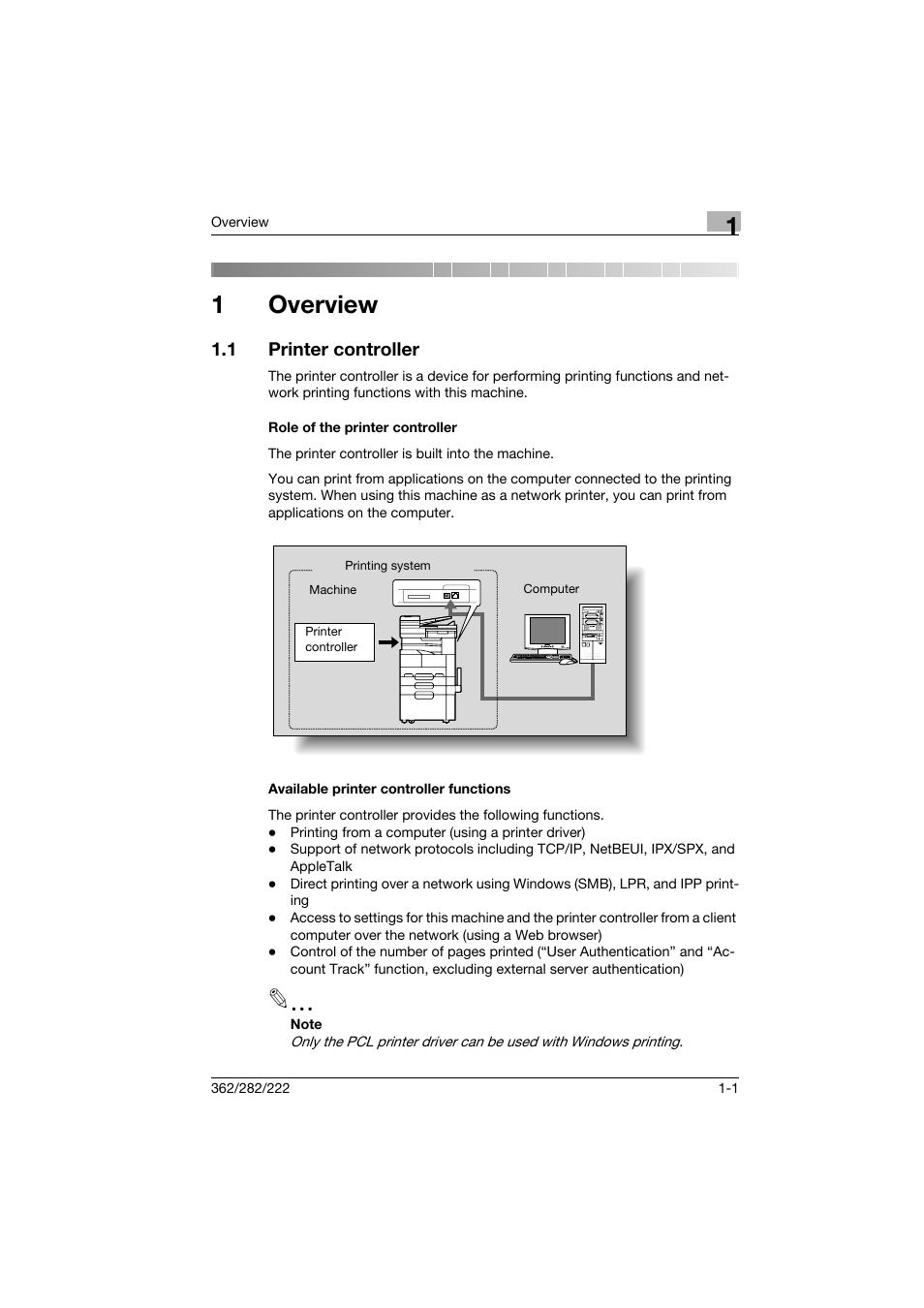 1 overview, 1 printer controller, Role of the printer controller | Available printer controller functions, Overview, Printer controller -1, 1overview | Konica Minolta bizhub 222 User Manual | Page 16 / 94