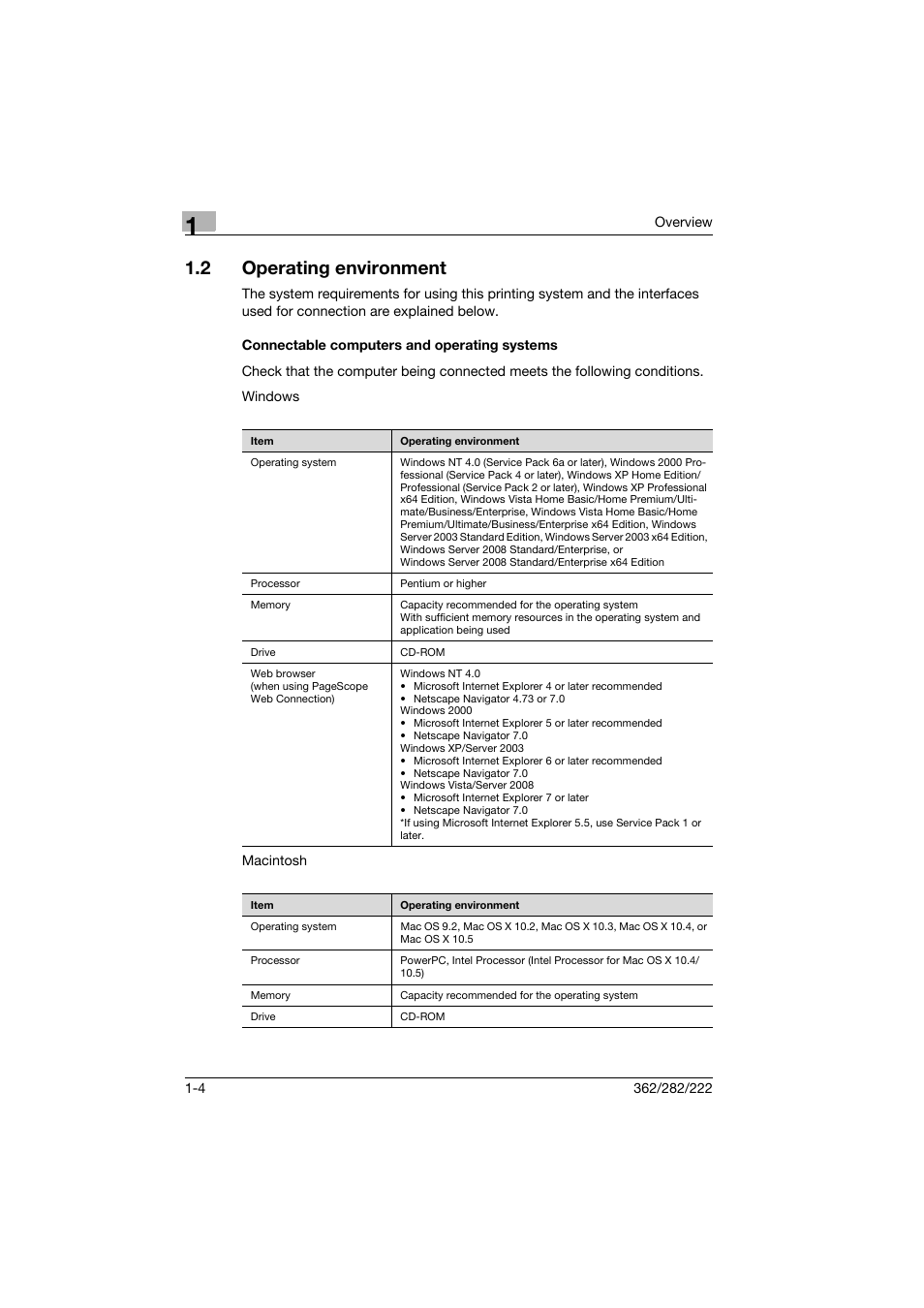 2 operating environment, Connectable computers and operating systems, Operating environment -4 | Connectable computers and operating systems -4 | Konica Minolta bizhub 222 User Manual | Page 19 / 94