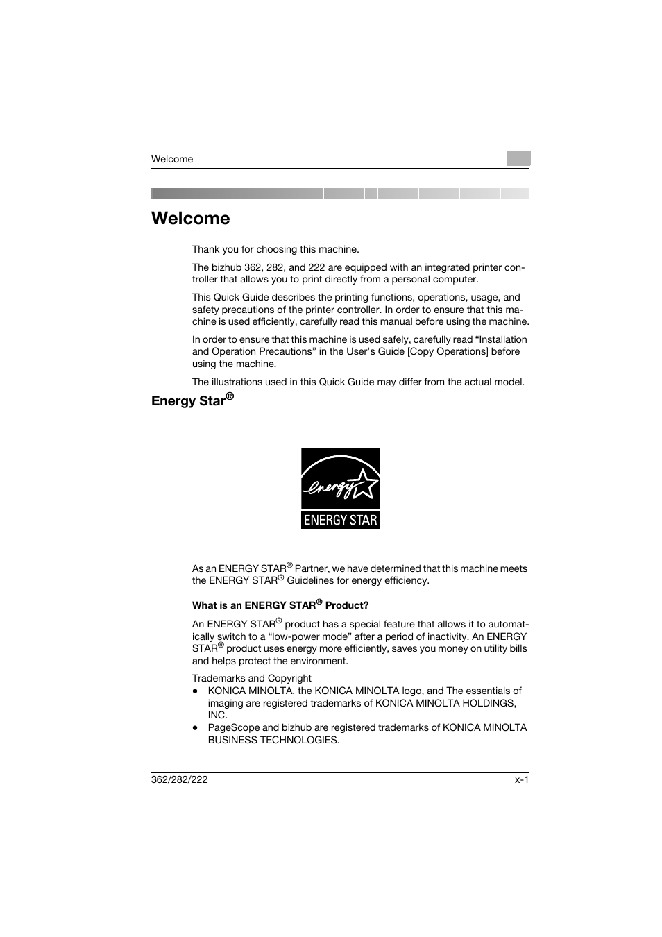 Welcome, Energy star, What is an energy star® product | Konica Minolta bizhub 222 User Manual | Page 2 / 94